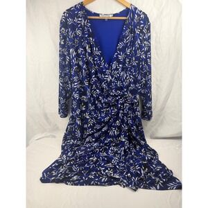 Kasper Royal Blue Leaf Print Faux Wrap Dress 2X Ruched Gold Ring 3/4 Sleeve